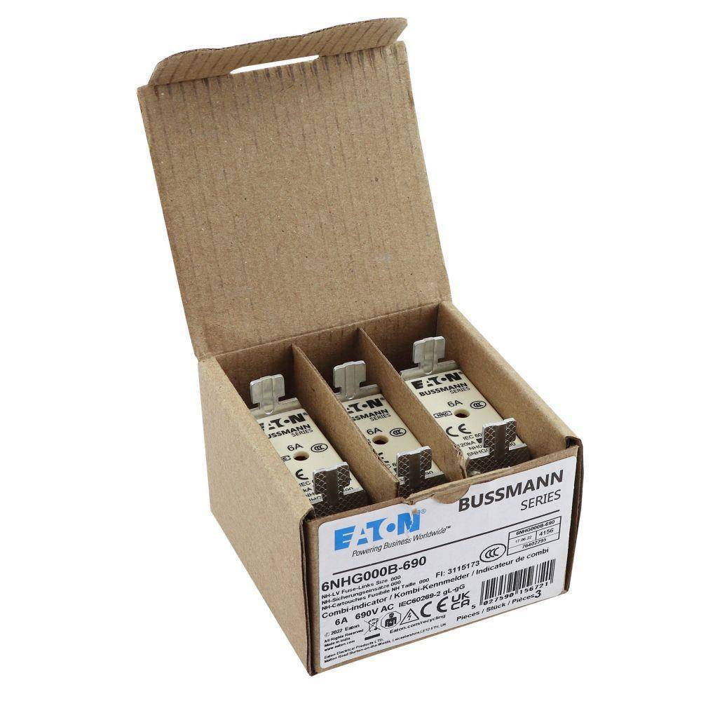 Bussmann 6NHG000B-690 Size 000 Dual Indicator Low Voltage NH Fuse Link, 690 V, 6 A, For Use With Class C/gG/gL Fuse, Ceramic