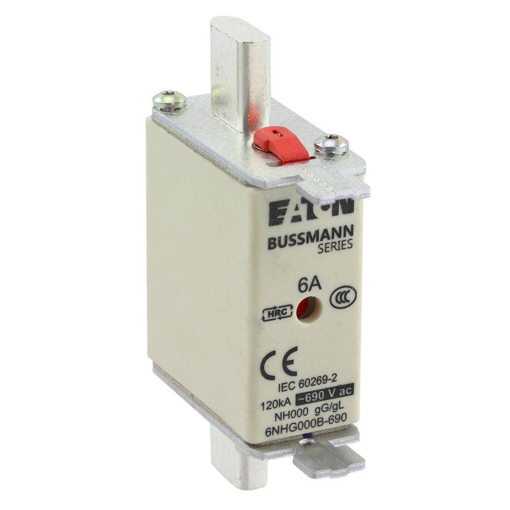 Bussmann 6NHG000B-690 Size 000 Dual Indicator Low Voltage NH Fuse Link, 690 V, 6 A, For Use With Class C/gG/gL Fuse, Ceramic
