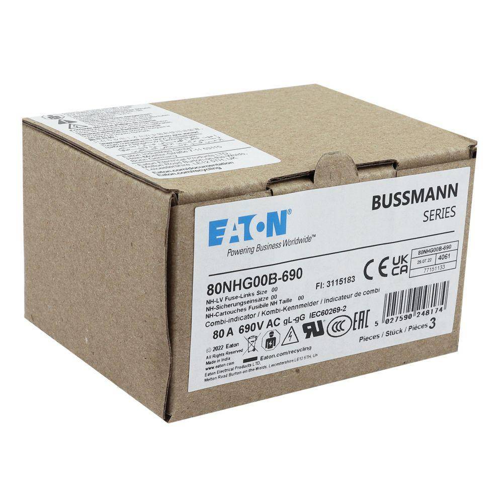 Bussmann 80NHG00B-690 Size 00 Dual Indicator Low Voltage NH Fuse Link, 690 V, 80 A, For Use With Class C gG/gL Fuse, Ceramic