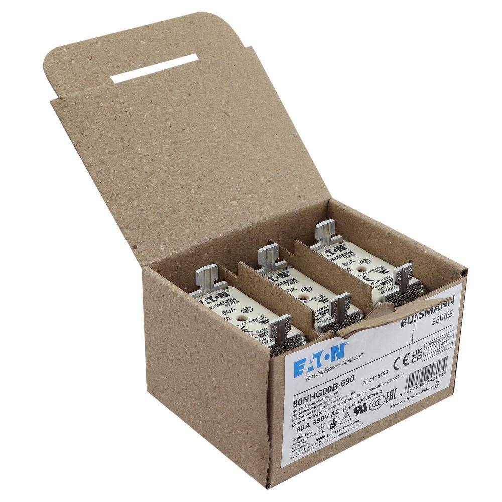 Bussmann 80NHG00B-690 Size 00 Dual Indicator Low Voltage NH Fuse Link, 690 V, 80 A, For Use With Class C gG/gL Fuse, Ceramic