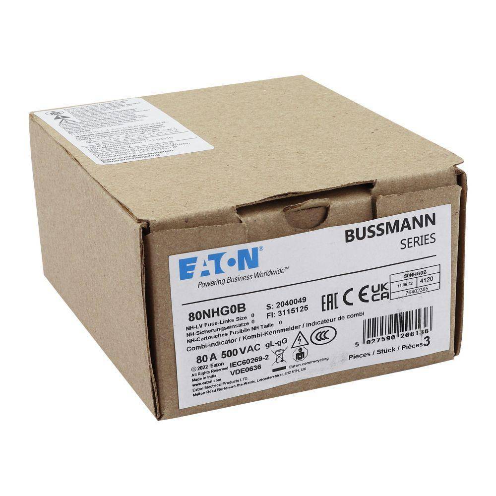 Bussmann 80NHG0B Size 0 Dual Indicator Low Voltage NH Fuse Link, 500 V, 80 A, For Use With Class C gG/gL Fuse, Ceramic