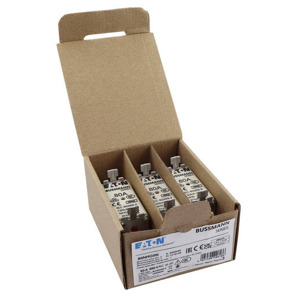 Bussmann 80NHG0B Size 0 Dual Indicator Low Voltage NH Fuse Link, 500 V, 80 A, For Use With Class C gG/gL Fuse, Ceramic