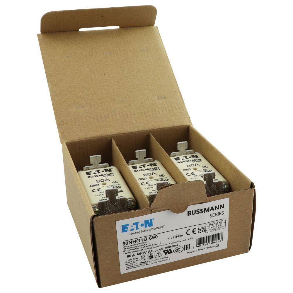 Bussmann 80NHG1B-690 Size 1 Dual Indicator Low Voltage NH Fuse Link, 690 V, 80 A, For Use With Class C/gG/gL Fuse, Ceramic