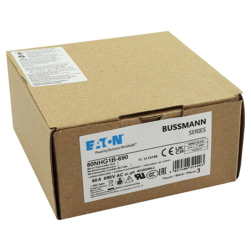 Bussmann 80NHG1B-690 Size 1 Dual Indicator Low Voltage NH Fuse Link, 690 V, 80 A, For Use With Class C/gG/gL Fuse, Ceramic