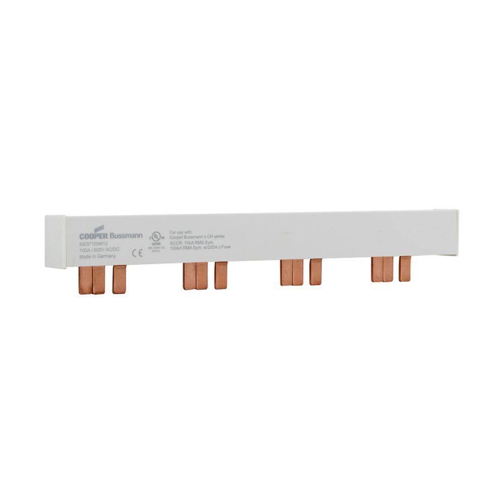 Bussmann BB3P100M12 12-Pin Modular Combination Busbar With Endcaps Assembled, For Use With Class CC, Midget and PV Fuses, 600 VAC/VDC, 100 A, 3 ph, Class J, 17.8 mm Pitch