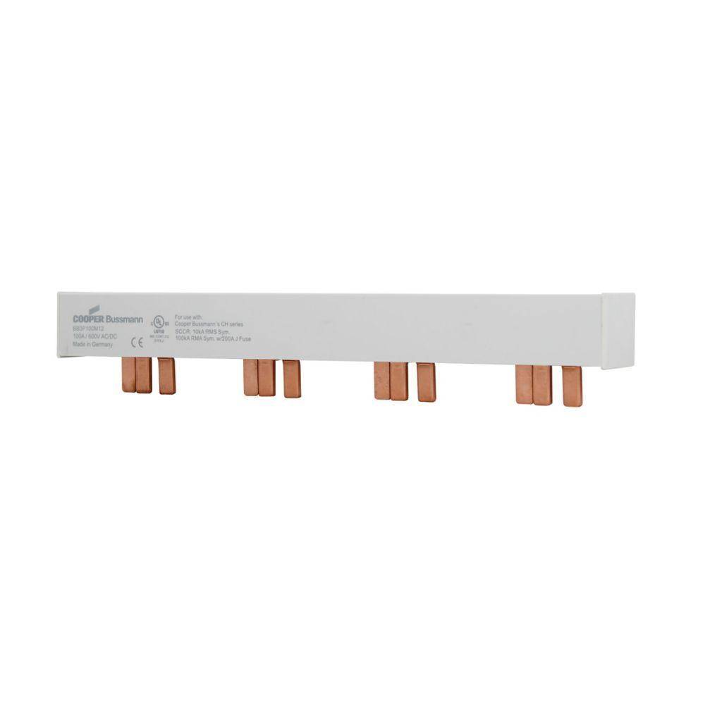 Bussmann BB3P100M12 12-Pin Modular Combination Busbar With Endcaps Assembled, For Use With Class CC, Midget and PV Fuses, 600 VAC/VDC, 100 A, 3 ph, Class J, 17.8 mm Pitch