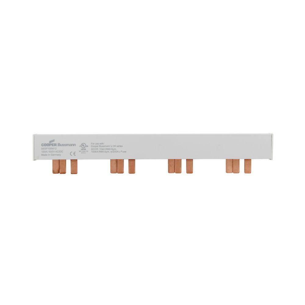 Bussmann BB3P100M12 12-Pin Modular Combination Busbar With Endcaps Assembled, For Use With Class CC, Midget and PV Fuses, 600 VAC/VDC, 100 A, 3 ph, Class J, 17.8 mm Pitch