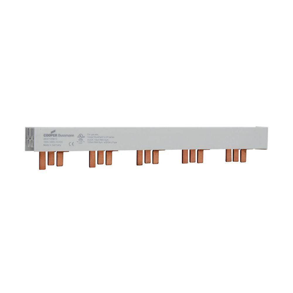 Bussmann BB3P100M15 15-Pin Modular Combination Busbar With Endcaps Assembled, For Use With Class CC, Midget and PV Fuses, 600 VAC/VDC, 100 A, 3 ph, Class J, 17.8 mm Pitch