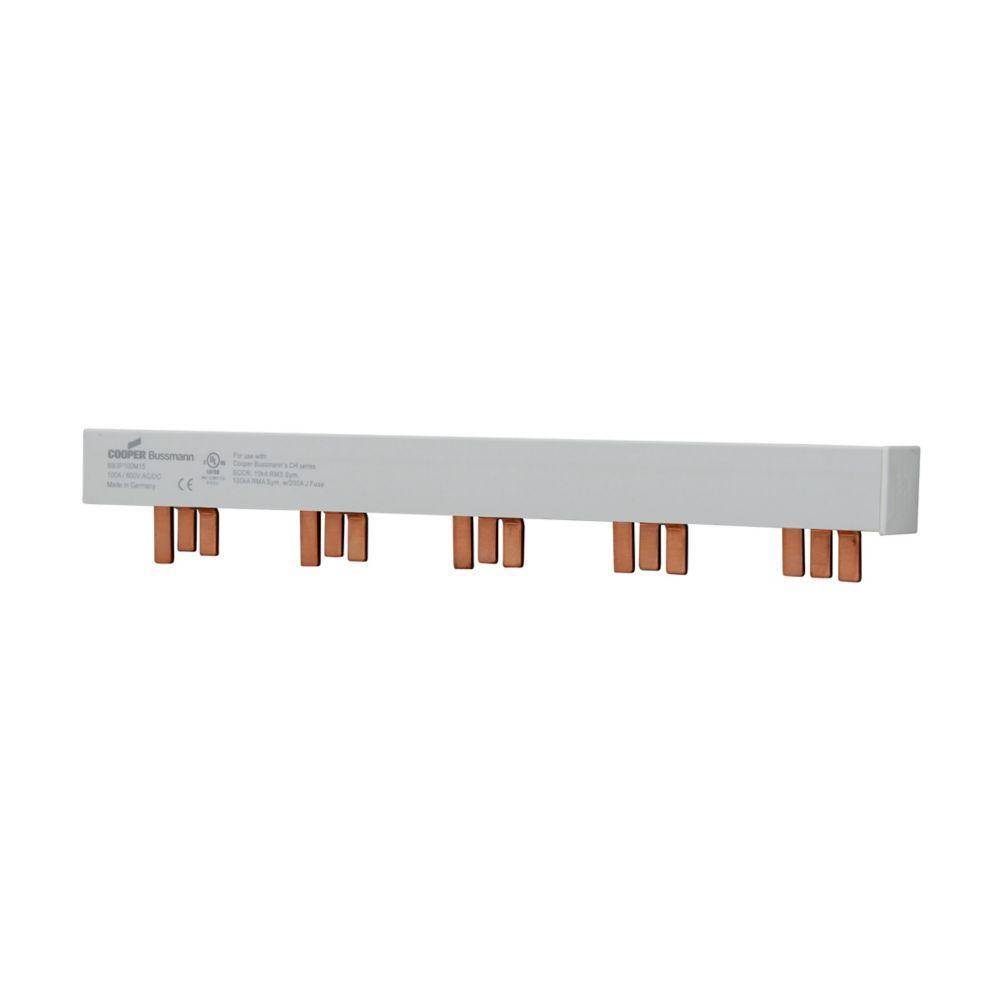Bussmann BB3P100M15 15-Pin Modular Combination Busbar With Endcaps Assembled, For Use With Class CC, Midget and PV Fuses, 600 VAC/VDC, 100 A, 3 ph, Class J, 17.8 mm Pitch