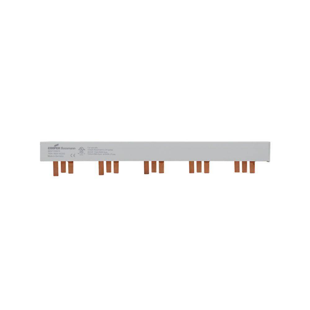 Bussmann BB3P100M15 15-Pin Modular Combination Busbar With Endcaps Assembled, For Use With Class CC, Midget and PV Fuses, 600 VAC/VDC, 100 A, 3 ph, Class J, 17.8 mm Pitch