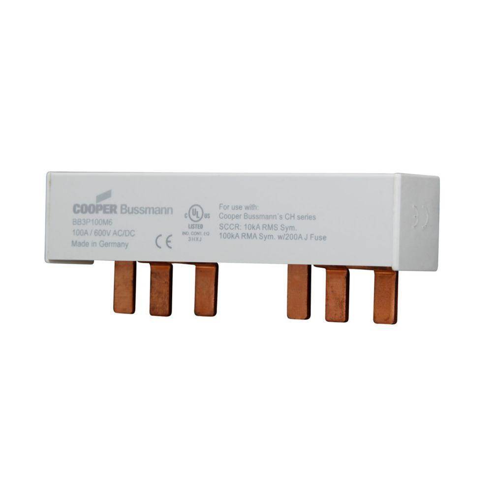 EATON BB3P100M9 3-Phase 9-Pin Modular Combination Busbar With Assembled End Cap, For Use With PV Series Class J/CC/Supplemental Non-Indicating Fuse, 600 VAC/VDC, 100 A