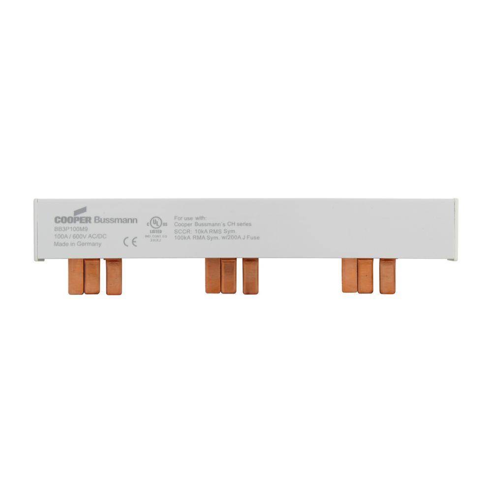 EATON BB3P100M9 3-Phase 9-Pin Modular Combination Busbar With Assembled End Cap, For Use With PV Series Class J/CC/Supplemental Non-Indicating Fuse, 600 VAC/VDC, 100 A