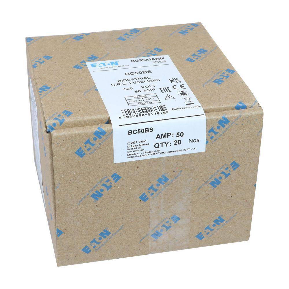 Bussmann BC50 BC Series 2-Hole British Standard Low Voltage HRC Fuse Link, 250/500 VAC/VDC, 50 A, Ceramic