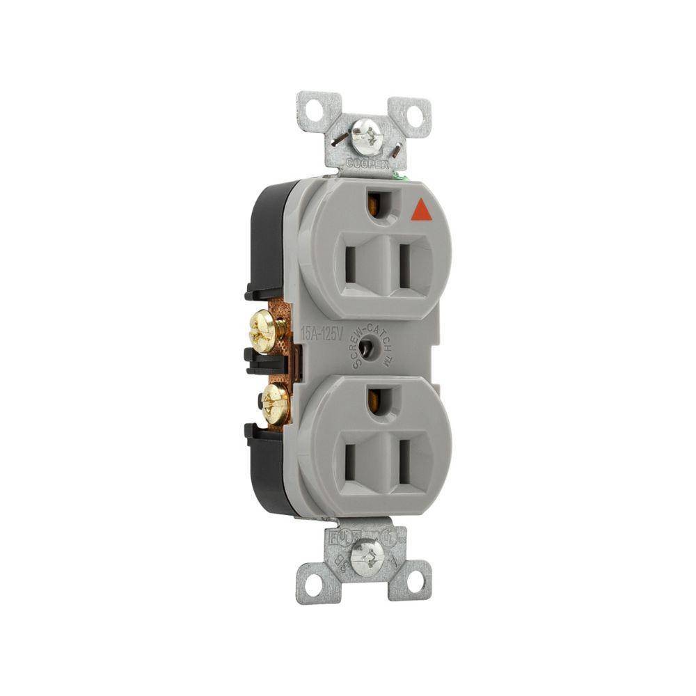 EATON Arrow Hart® IG5262GY Duplex/Single Straight Blade Receptacle, 125 VAC, 15 A, 2 Poles, 3 Wires, Gray