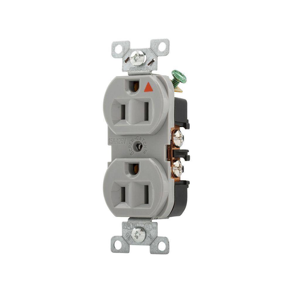 EATON Arrow Hart® IG5262GY Duplex/Single Straight Blade Receptacle, 125 VAC, 15 A, 2 Poles, 3 Wires, Gray
