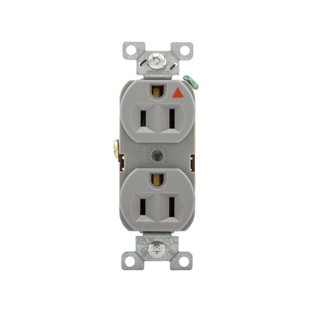 EATON Arrow Hart® IG5262GY Duplex/Single Straight Blade Receptacle, 125 VAC, 15 A, 2 Poles, 3 Wires, Gray