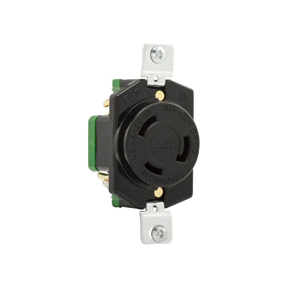 EATON Wiring Devices Arrow Hart™ L530R Single Locking Receptacle, 125 VAC, 30 A, 2 Poles, 3 Wires, Black