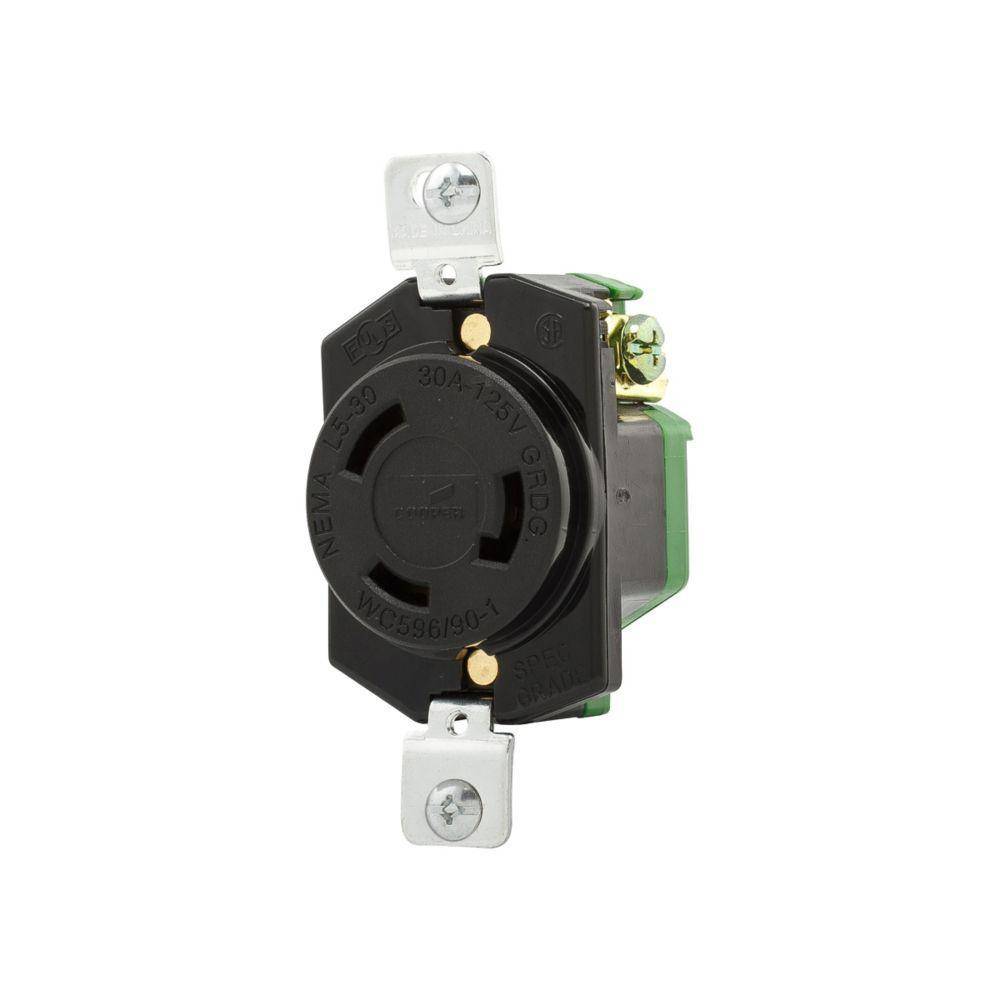 EATON Wiring Devices Arrow Hart™ L530R Single Locking Receptacle, 125 VAC, 30 A, 2 Poles, 3 Wires, Black