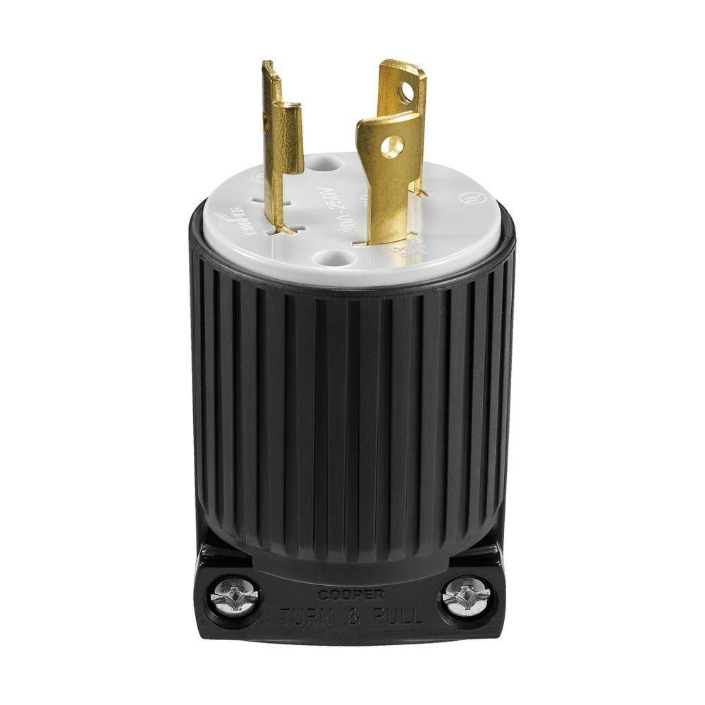 EATON Eaton Wiring Devices Arrow Hart™ L630P Grounding Straight Locking Plug, 250 VAC, 30 A, 2 Poles, 3 Wires, Black/White