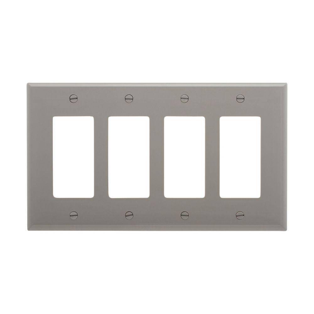 EATON Arrow Hart™ PJ264GY PJ Series Mid-Sized Decorator Wall Plate, 4 Gangs, 8.56 in W x 4.87 in H, Polycarbonate/Thermoplastic, Gray