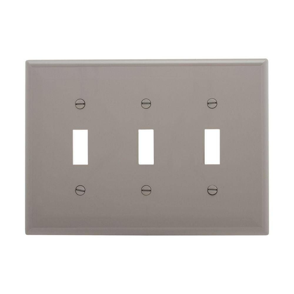 EATON Arrow Hart™ PJ3GY PJ Series Mid-Sized Toggle Switch Wall Plate, 3 Gangs, 6.75 in W x 4.87 in H, Polycarbonate, Gray