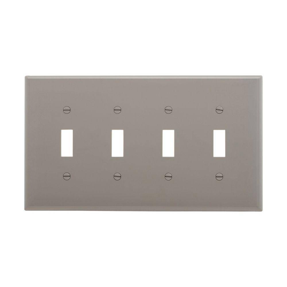 EATON Arrow Hart™ PJ4GY PJ Series Mid-Sized Toggle Switch Wall Plate, 4 Gangs, 8.56 in W x 4.87 in H, Polycarbonate, Gray