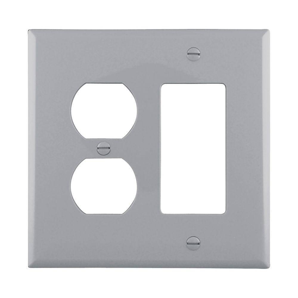 EATON Arrow Hart™ PJ826GY Mid-Sized Combination Wall Plate, 2 Gangs, 4.94 in W x 4.87 in H, Polycarbonate, Gray