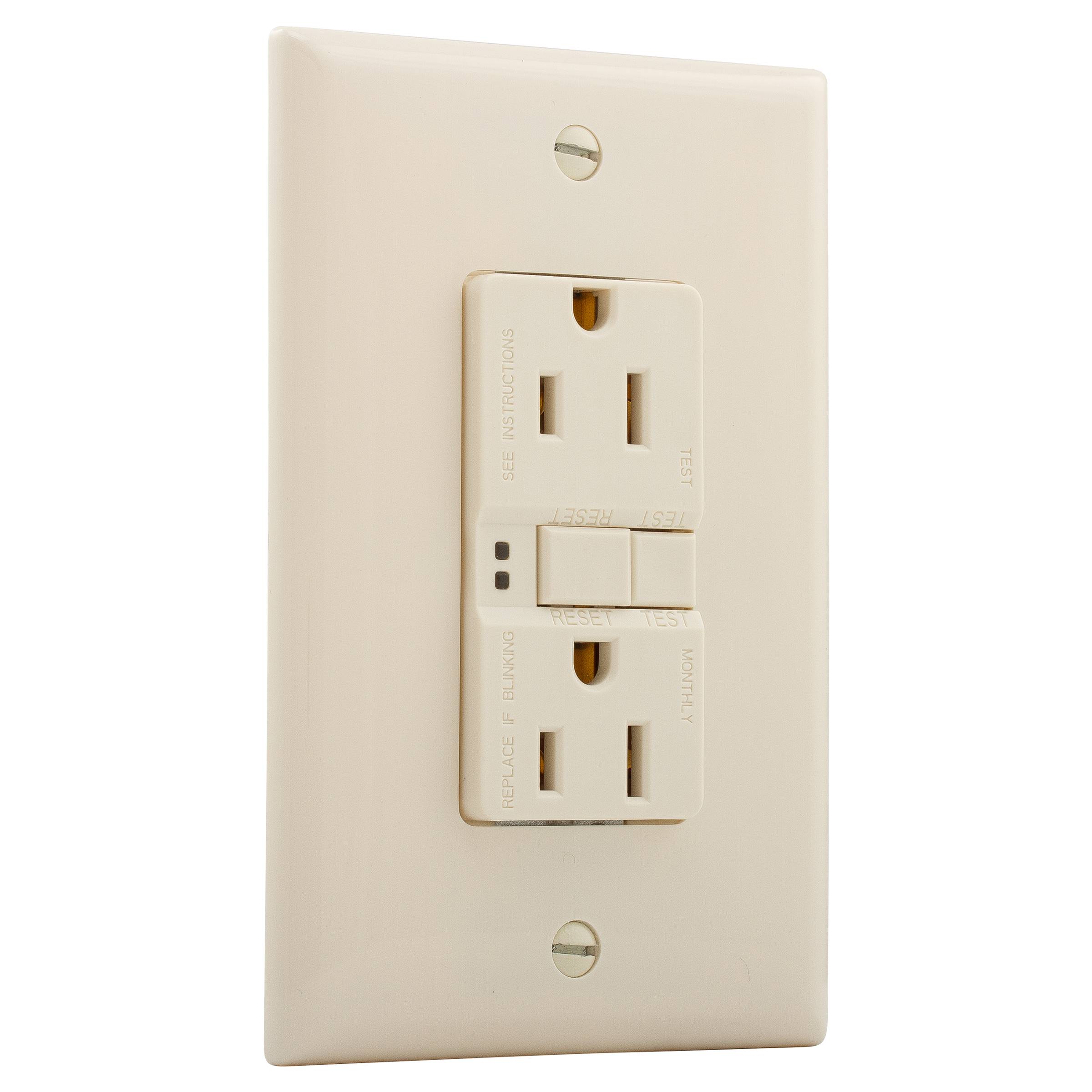 EATON SGF15LA-M-L Duplex Self-Test GFCI Receptacle, 125 VAC, 15 A, 2 Poles, 3 Wires, Light Almond