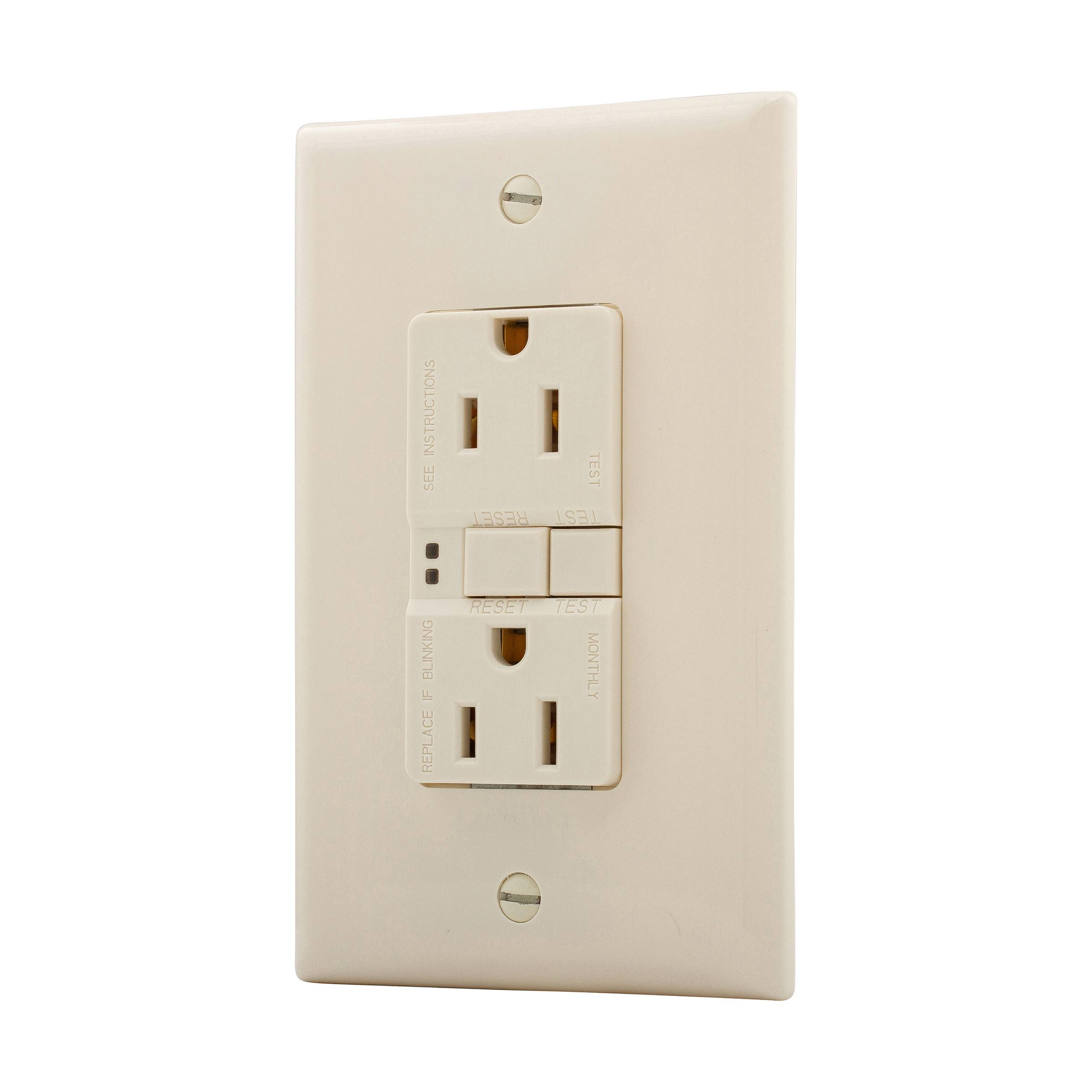 EATON SGF15LA-M-L Duplex Self-Test GFCI Receptacle, 125 VAC, 15 A, 2 Poles, 3 Wires, Light Almond