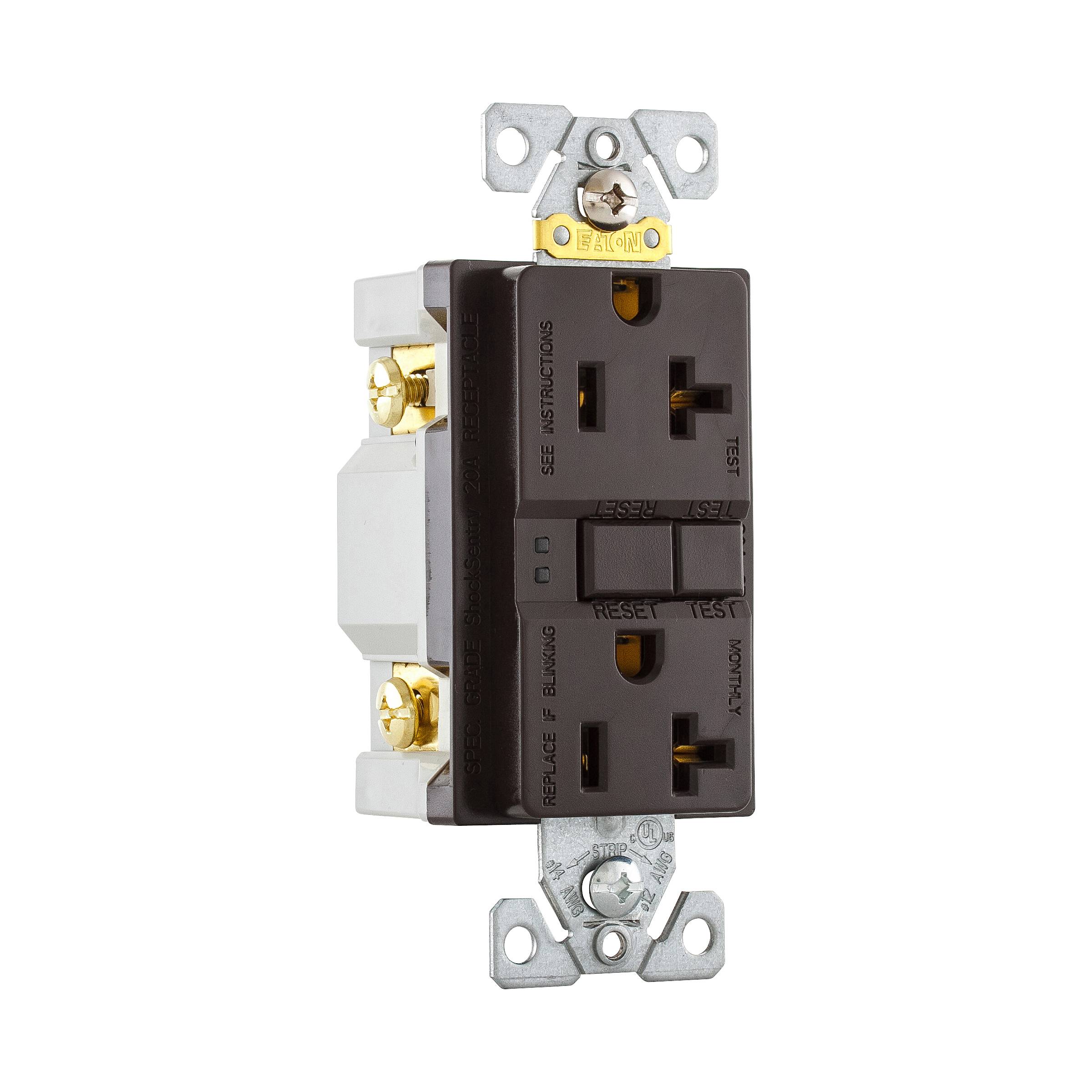 EATON Eaton Wiring Devices SGF20B Duplex Self-Test GFCI Receptacle, 125 VAC, 20 A, 2 Poles, 3 Wires, Brown