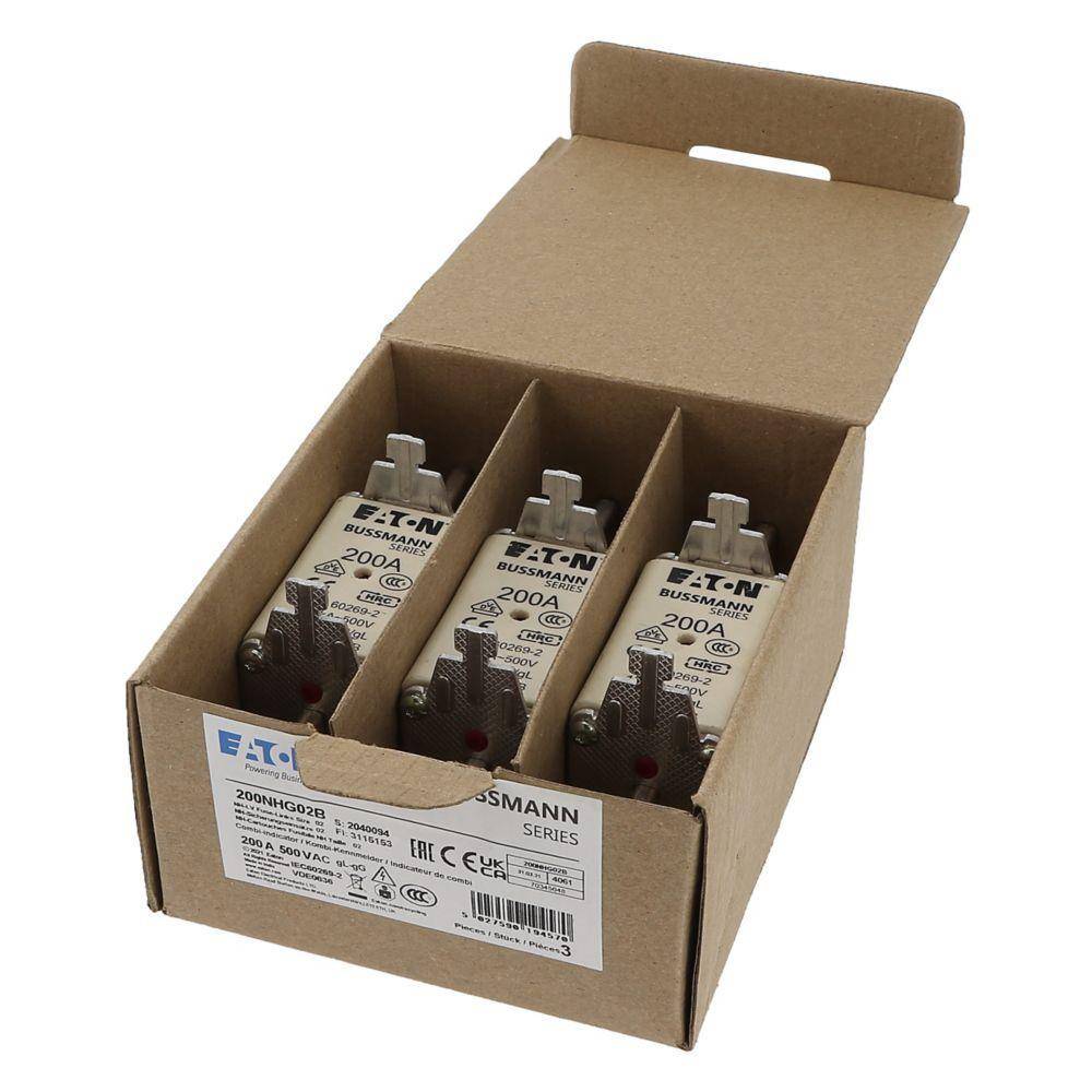 EATON Bussmann Edison 200NHG02B Size 02 Dual Indicator NH Fuse Link, 500 V, 200 A, For Use With Bussmann NH Size Photovoltaic Fuse, Class C gG/gL Fuse, Ceramic