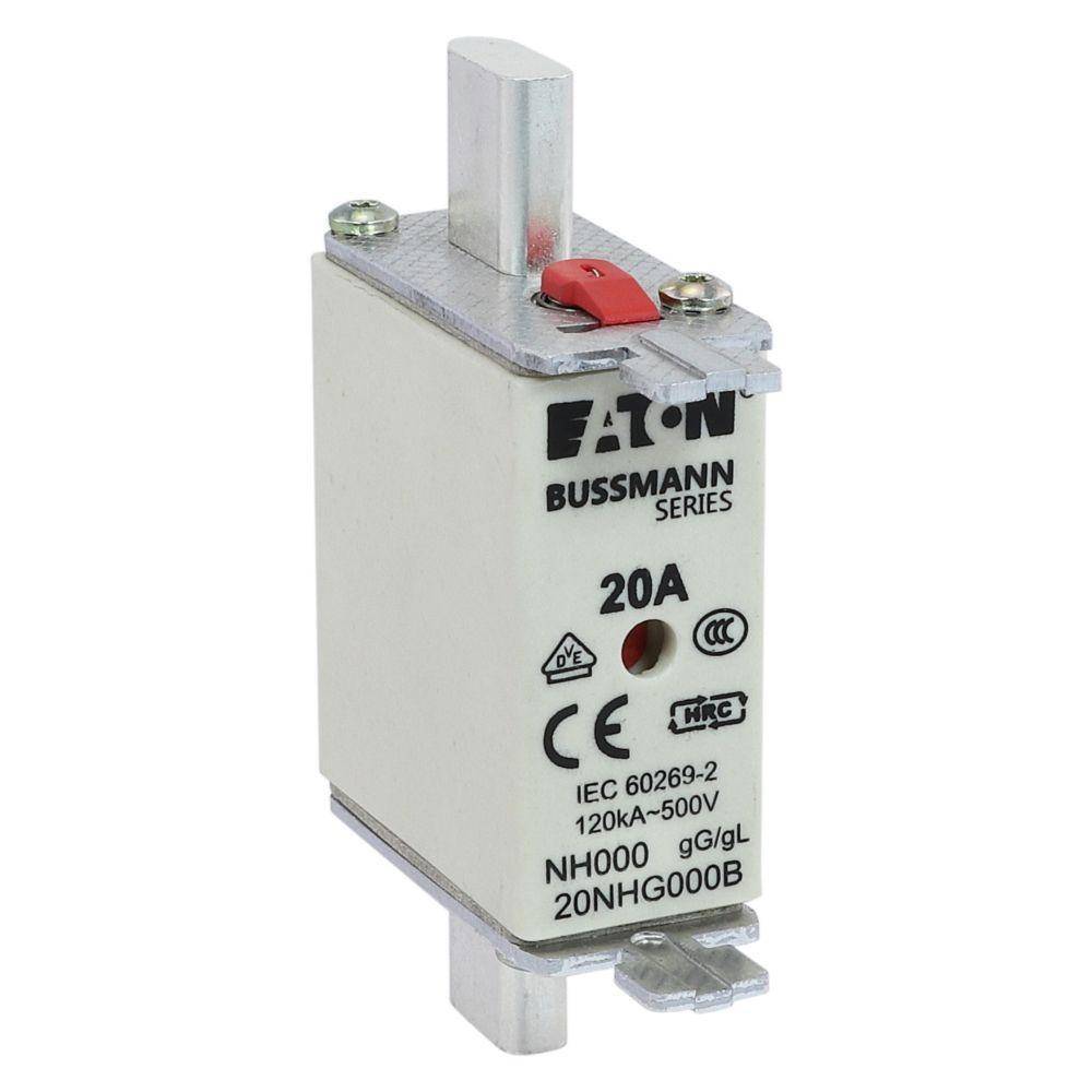 Edison Bussmann 20NHG000B Size 000 Dual Indicator NH Fuse Link, 500 V, 20 A, For Use With Bussmann NH Size Photovoltaic Fuse, Class C gG/gL Fuse, Ceramic