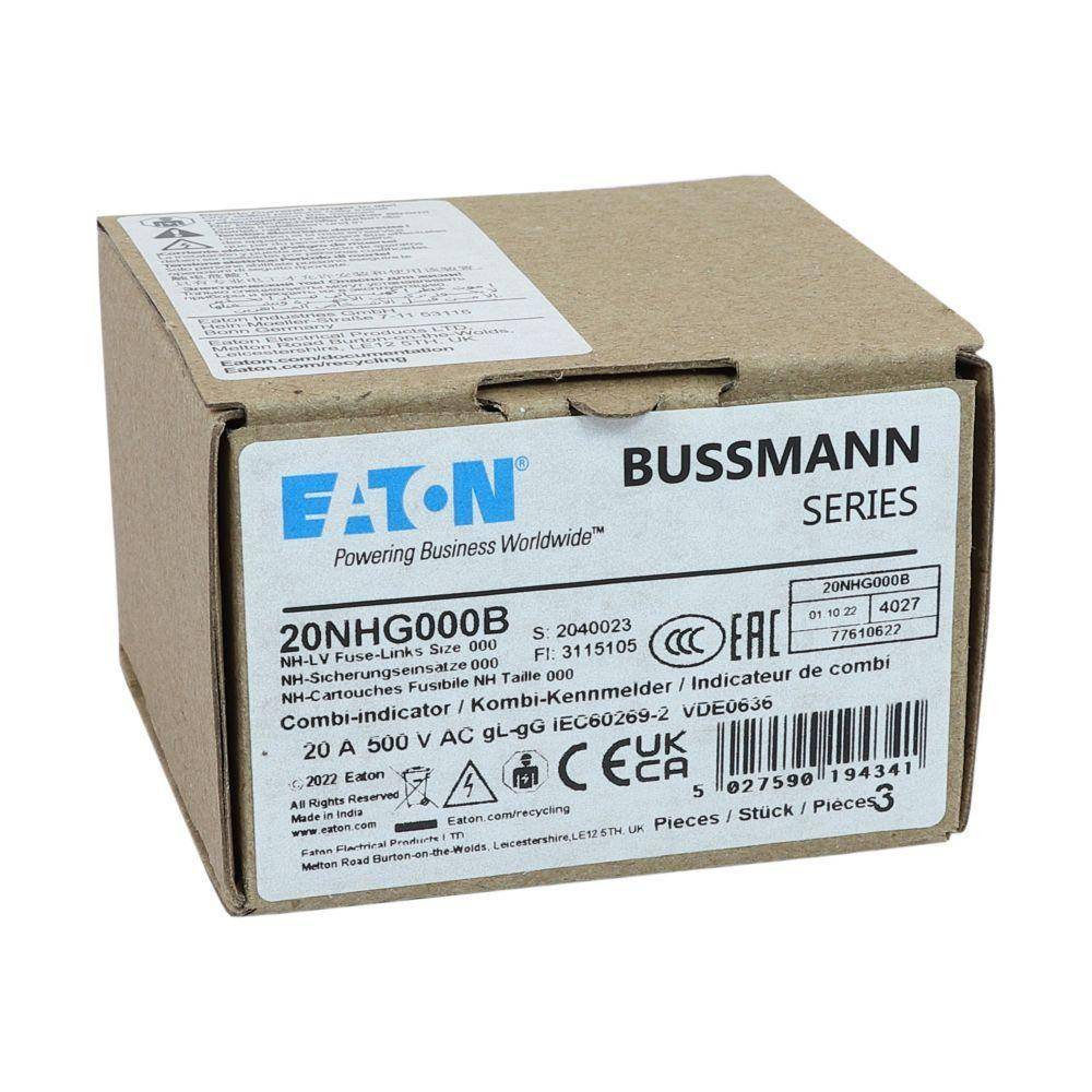 Edison Bussmann 20NHG000B Size 000 Dual Indicator NH Fuse Link, 500 V, 20 A, For Use With Bussmann NH Size Photovoltaic Fuse, Class C gG/gL Fuse, Ceramic