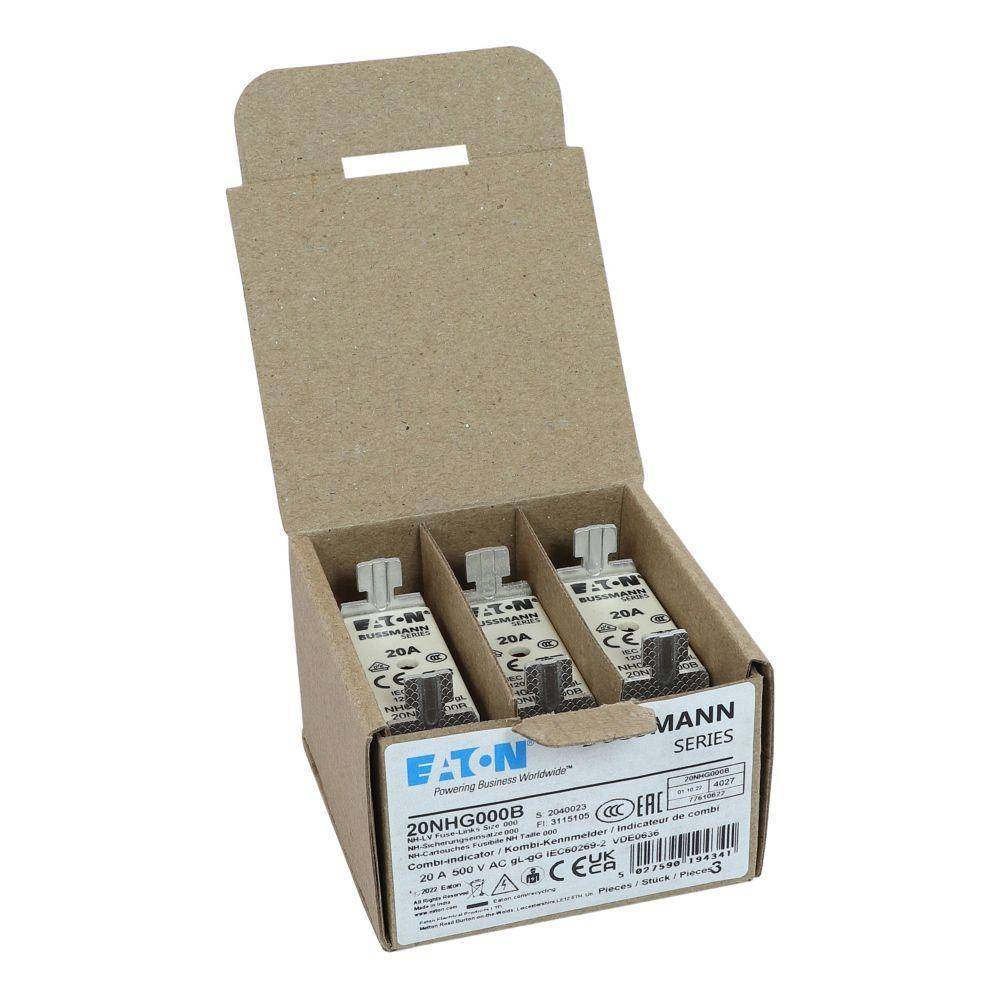 Edison Bussmann 20NHG000B Size 000 Dual Indicator NH Fuse Link, 500 V, 20 A, For Use With Bussmann NH Size Photovoltaic Fuse, Class C gG/gL Fuse, Ceramic