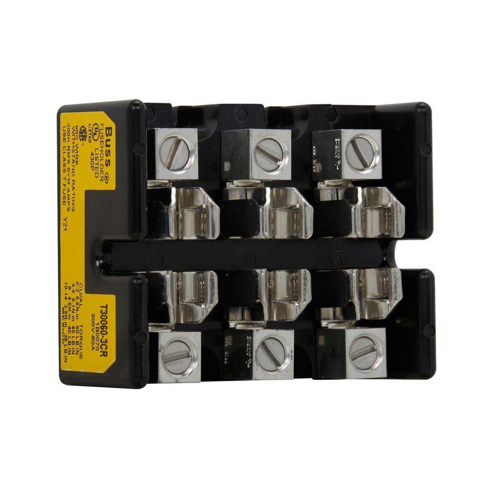 Edison T30060-2CR Open Style Fuse Block, 300 VAC/VDC, 31 to 60 A, T Class, 14 to 2 AWG Wire, 2 Poles