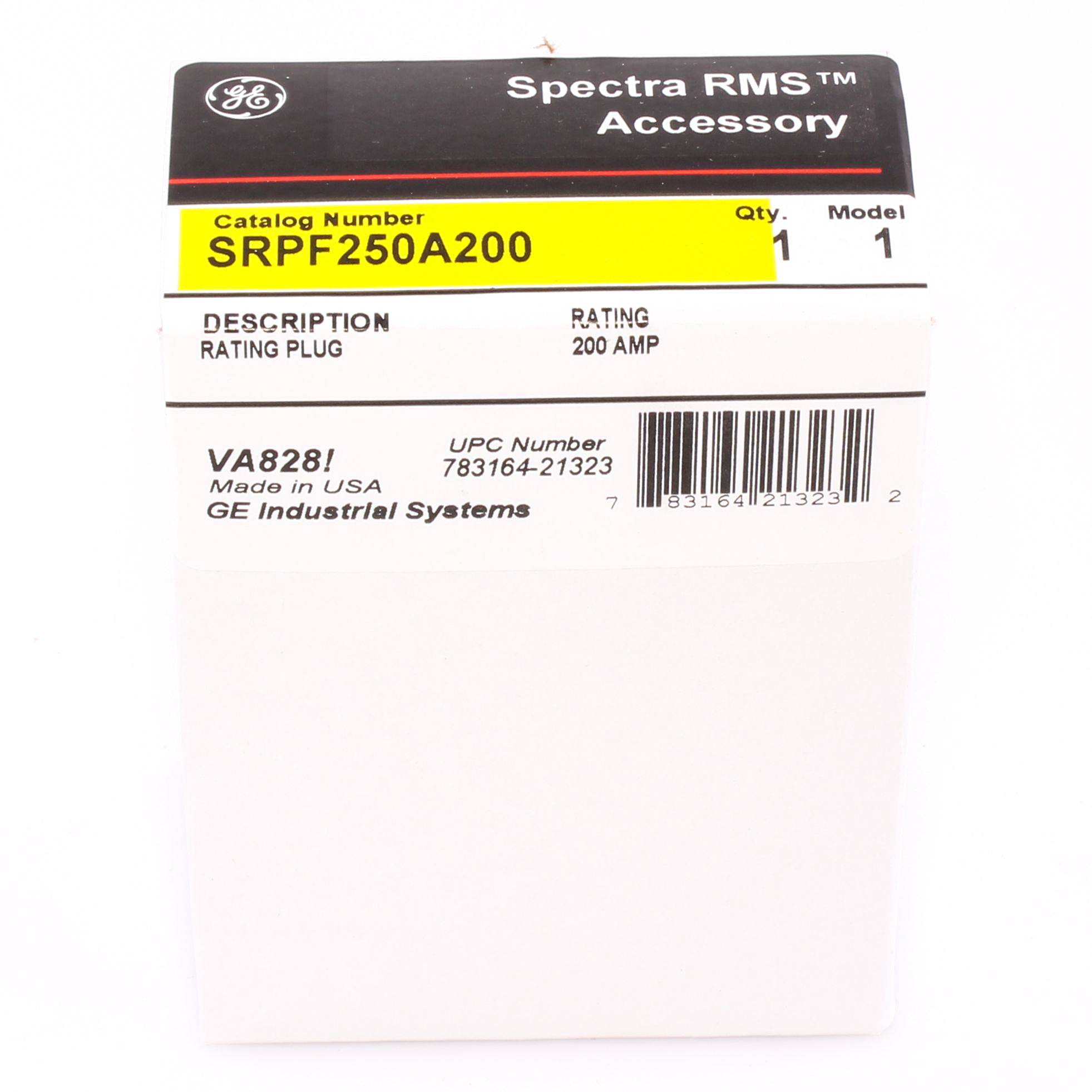 GE Spectra™ SRPF250A200 3-Pole RMS Rating Plug, 250 A, 200 A Plug Current, SF250 Frame