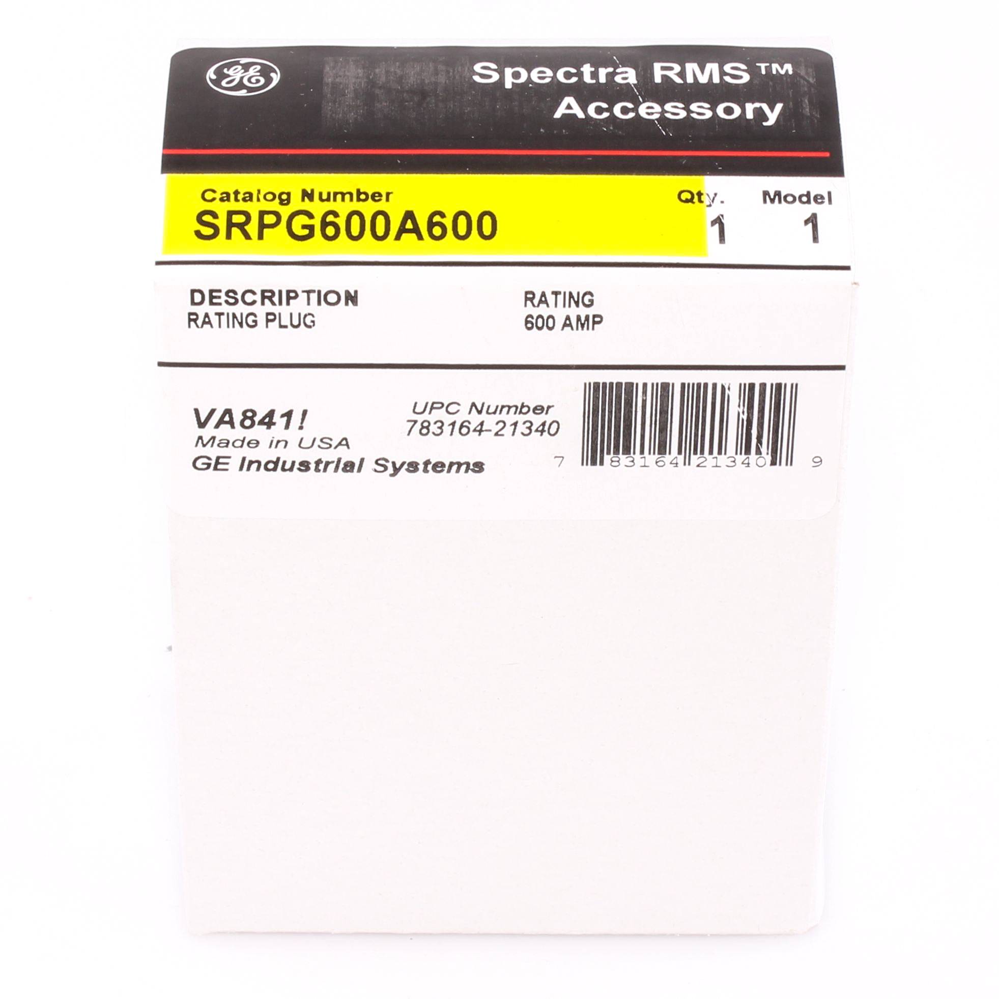 GE Spectra™ SRPG600A600 3-Pole RMS Rating Plug, 600 A, 600 A Plug Current, SG-600 Frame