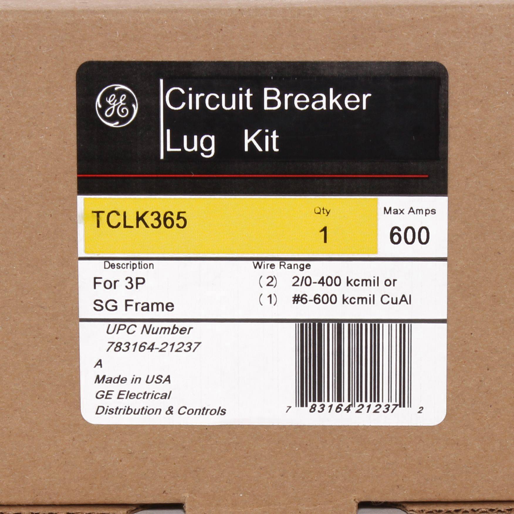 GE Power Break® II Spectra RMS® TCLK365 Type TCLK Lug Terminal Kit, 2/0 AWG to 500 kcmil, 8 AWG to 600 kcmil, For Use With 3-Pole SGHB, SGHH, SGLB, SGLL, SGPB and SGPP Frame Molded Case Circuit Breaker