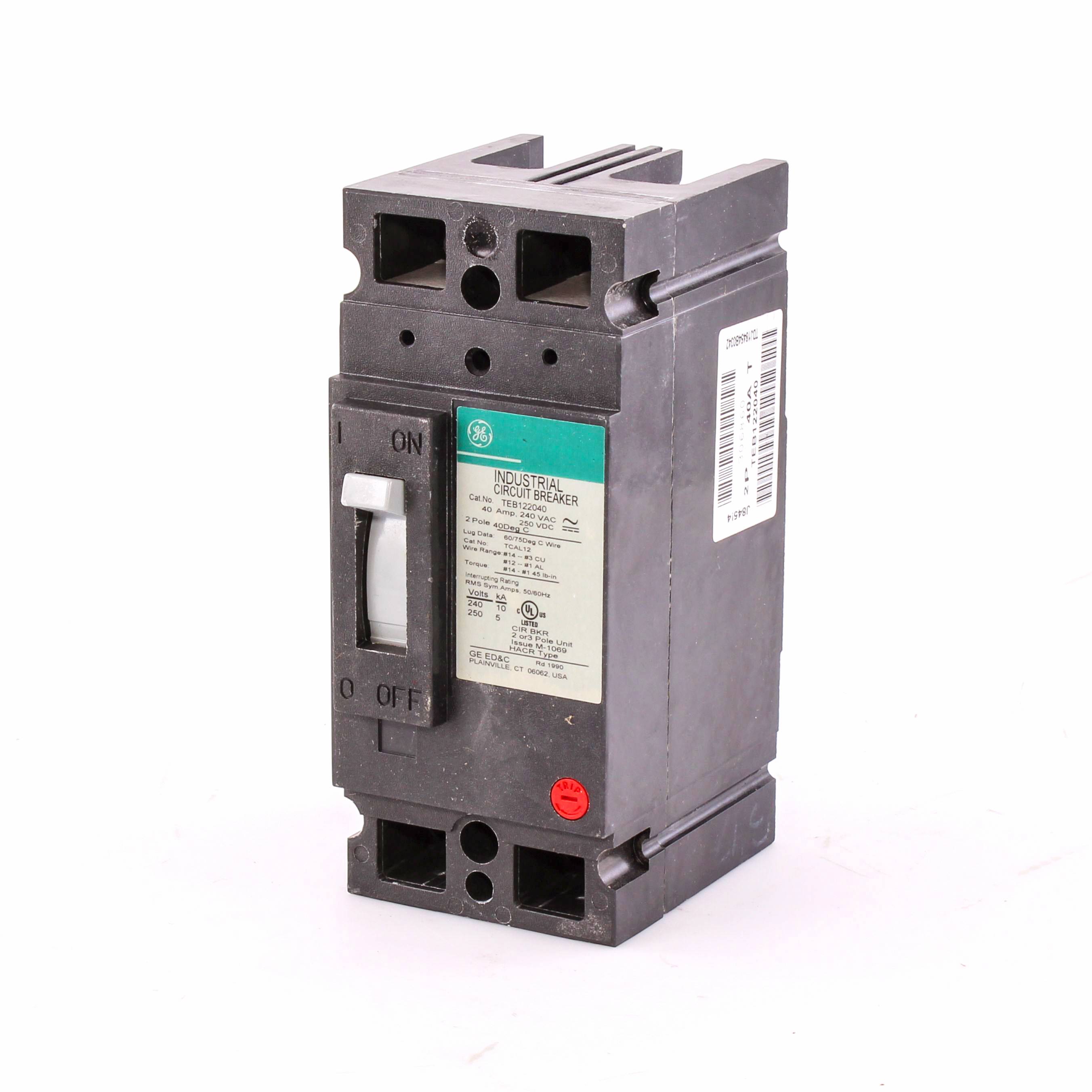 GE TEB122040WL Type TEB Core E Low Tie Molded Case Circuit Breaker, 240 VAC, 40 A, 10 kA Interrupt, 2 Poles, LI/Non-Interchangeable Thermal Magnetic Trip