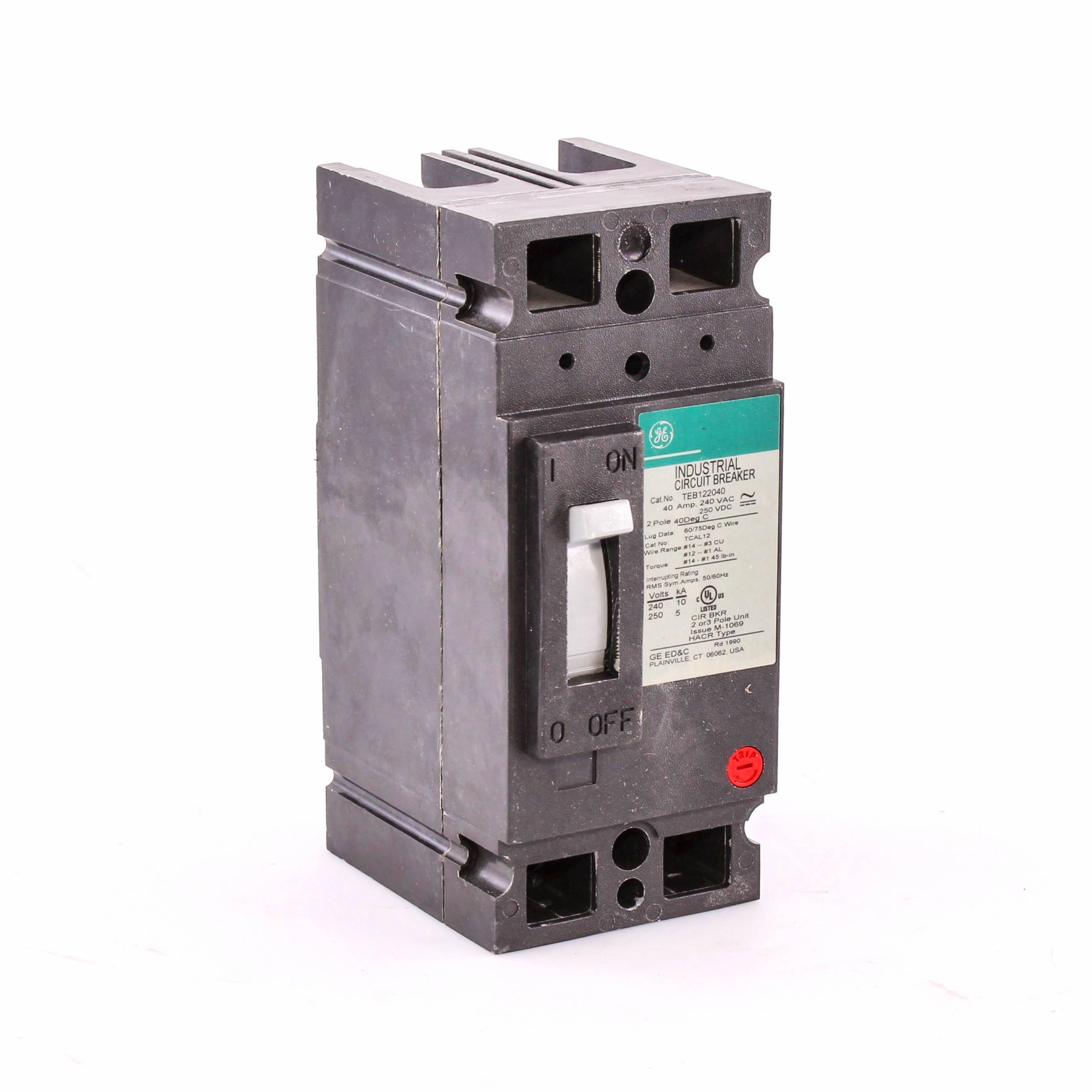 GE TEB122040WL Type TEB Core E Low Tie Molded Case Circuit Breaker, 240 VAC, 40 A, 10 kA Interrupt, 2 Poles, LI/Non-Interchangeable Thermal Magnetic Trip
