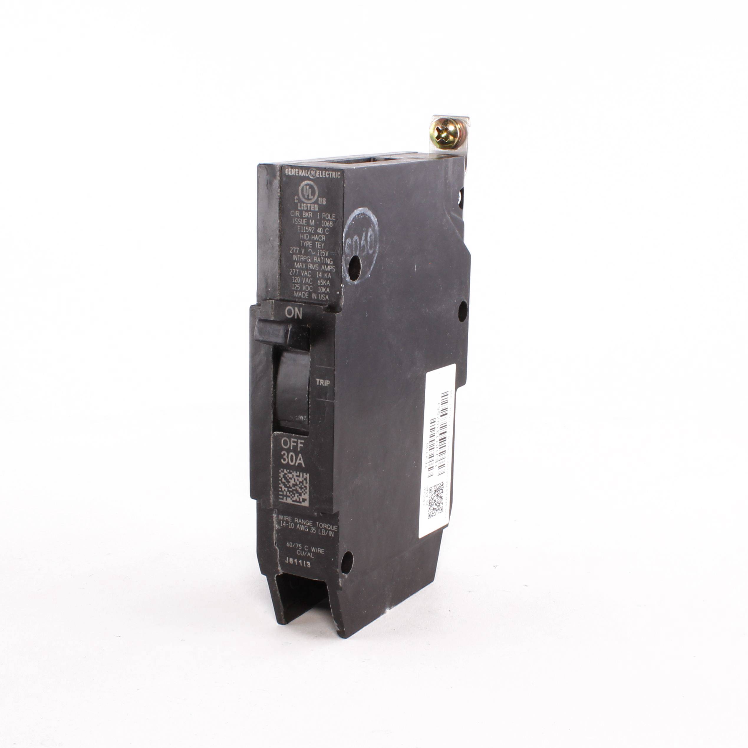 GE TEY130 Compact Lighting Panel Circuit Breaker With Copper/Aluminum Load Lug, 120/240/277 VAC, 30 A, 65/14 kA Interrupt, 1 Pole, LI/Non-Interchangeable Thermal Magnetic Trip