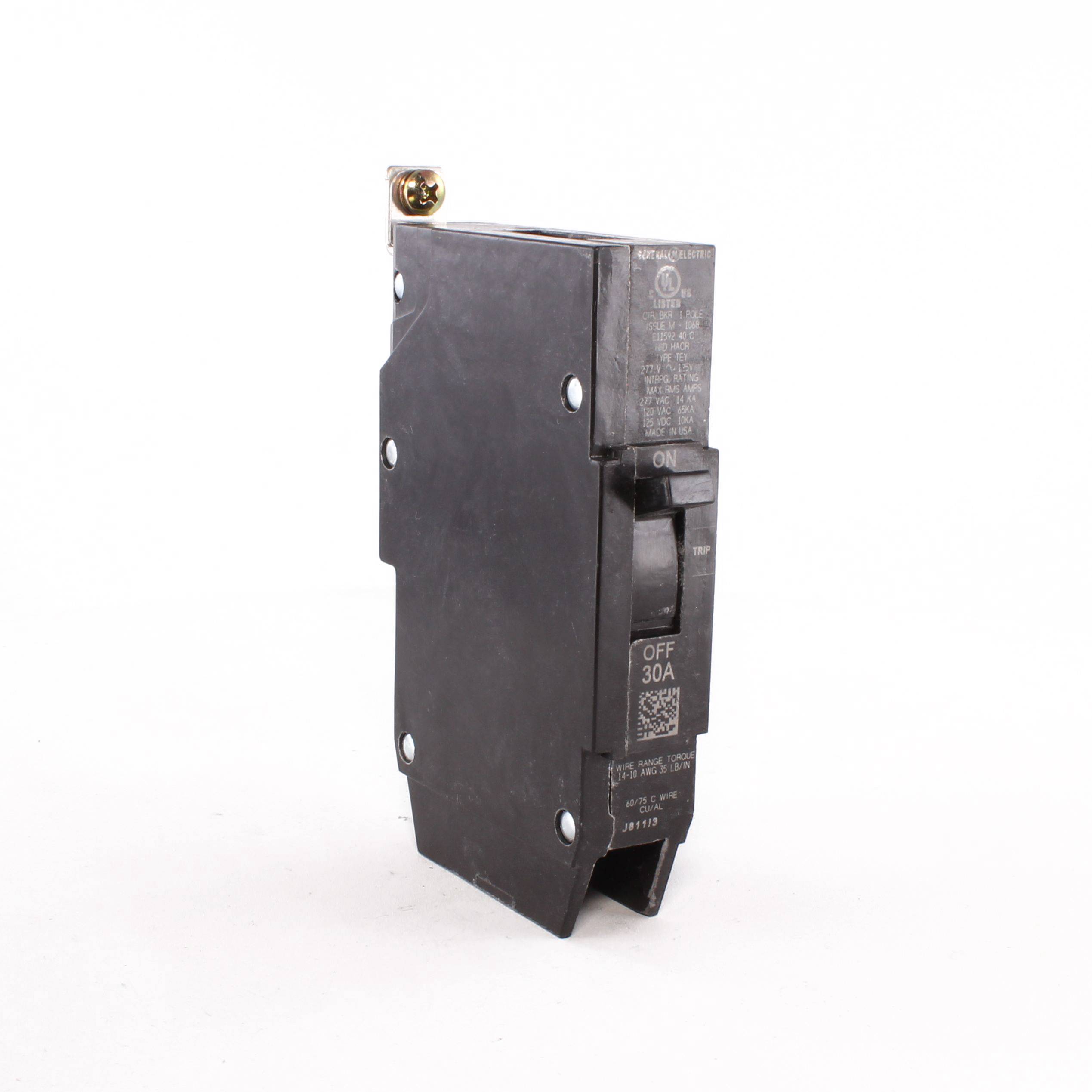 GE TEY130 Compact Lighting Panel Circuit Breaker With Copper/Aluminum Load Lug, 120/240/277 VAC, 30 A, 65/14 kA Interrupt, 1 Pole, LI/Non-Interchangeable Thermal Magnetic Trip