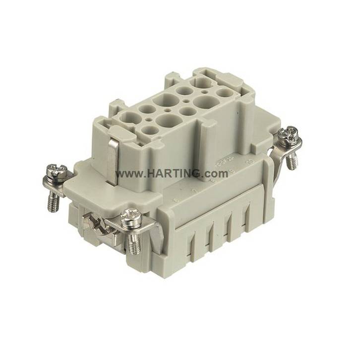 HARTING® 09 33 010 2702 Han E® Terminal Insert, 10 Positions, 20 to 12 AWG Wire, Crimp/Female Connection, Polycarbonate