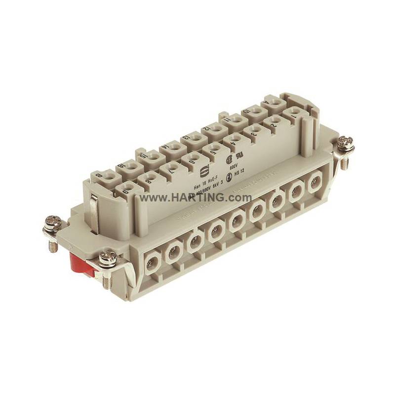 HARTING® 09 34 016 2701 Han® HVE Connector Insert, 16 Positions, 18 to 14 AWG Wire, Female Screw Connection, Polycarbonate