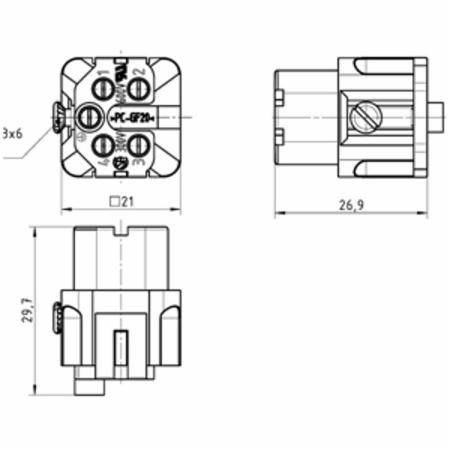 HARTING® 09 20 004 2711 Han A® Terminal Insert, 4 Positions, 18 to 14 AWG Wire, Female Screw Connection, Polycarbonate