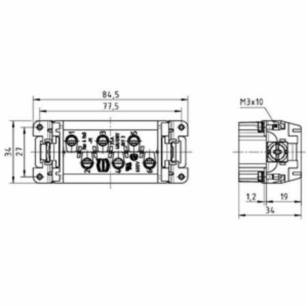 HARTING® 09 31 006 2601 Han® HSB Terminal Insert, 6 Positions, 10 AWG Wire, Male Screw Connection, Polycarbonate