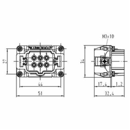 HARTING® 09 33 006 2601 Han E® Terminal Insert With Wire Protection, 6 Positions, 14 AWG Wire, Male Screw Connection, Polycarbonate