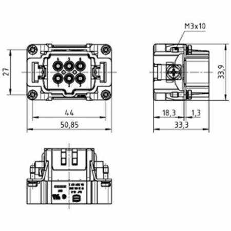 HARTING® 09 33 006 2602 Han E® Terminal Insert, 6 Positions, 20 to 12 AWG Wire, Crimp/Male Connection, Polycarbonate