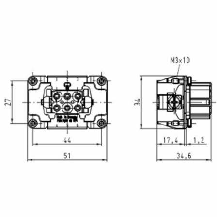 HARTING® 09 33 006 2701 Han E® Terminal Insert With Wire Protection, 6 Positions, 14 AWG Wire, Female Screw Connection, Polycarbonate