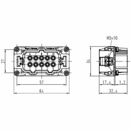 HARTING® 09 33 010 2601 Han E® Terminal Insert With Wire Protection, 10 Positions, 18 to 14 AWG Wire, Male Screw Connection, Polycarbonate